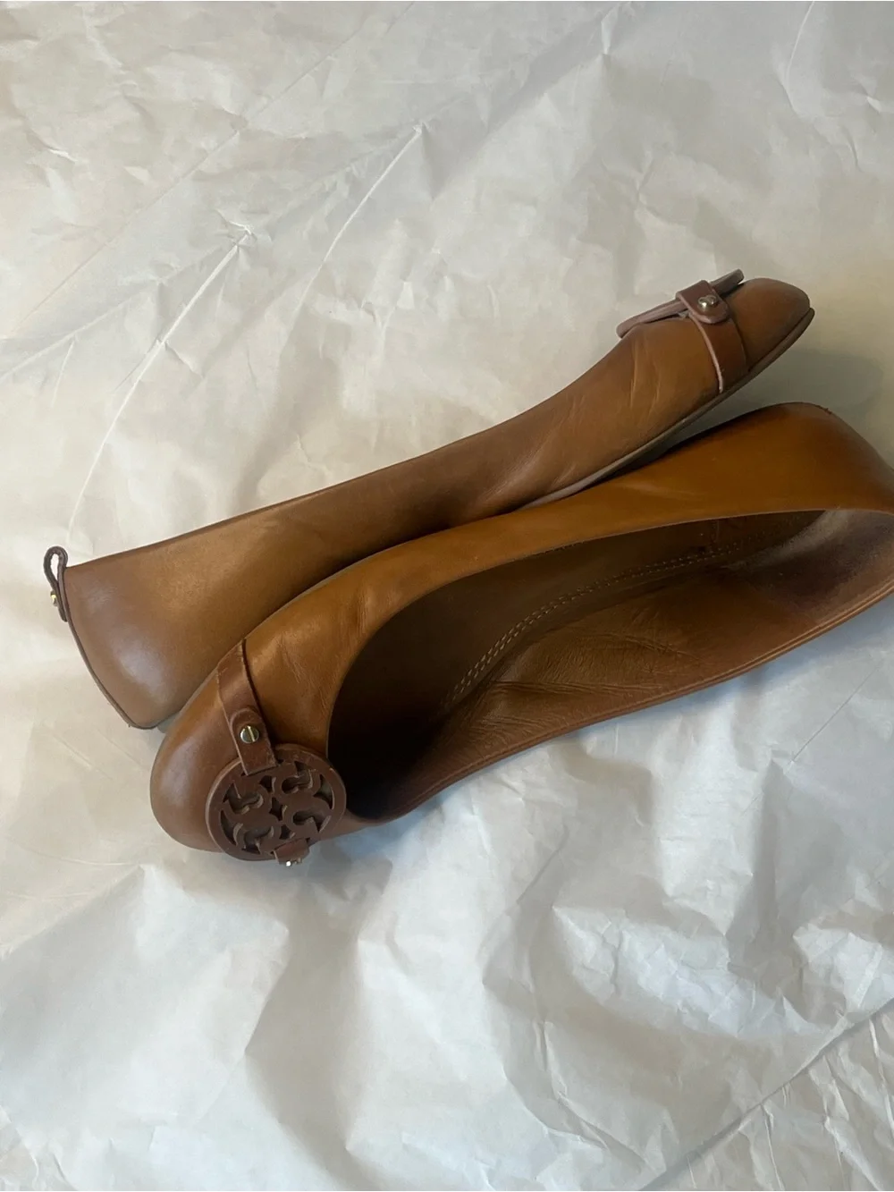 Tory Burch Tan Leather Logo Ballet Flats